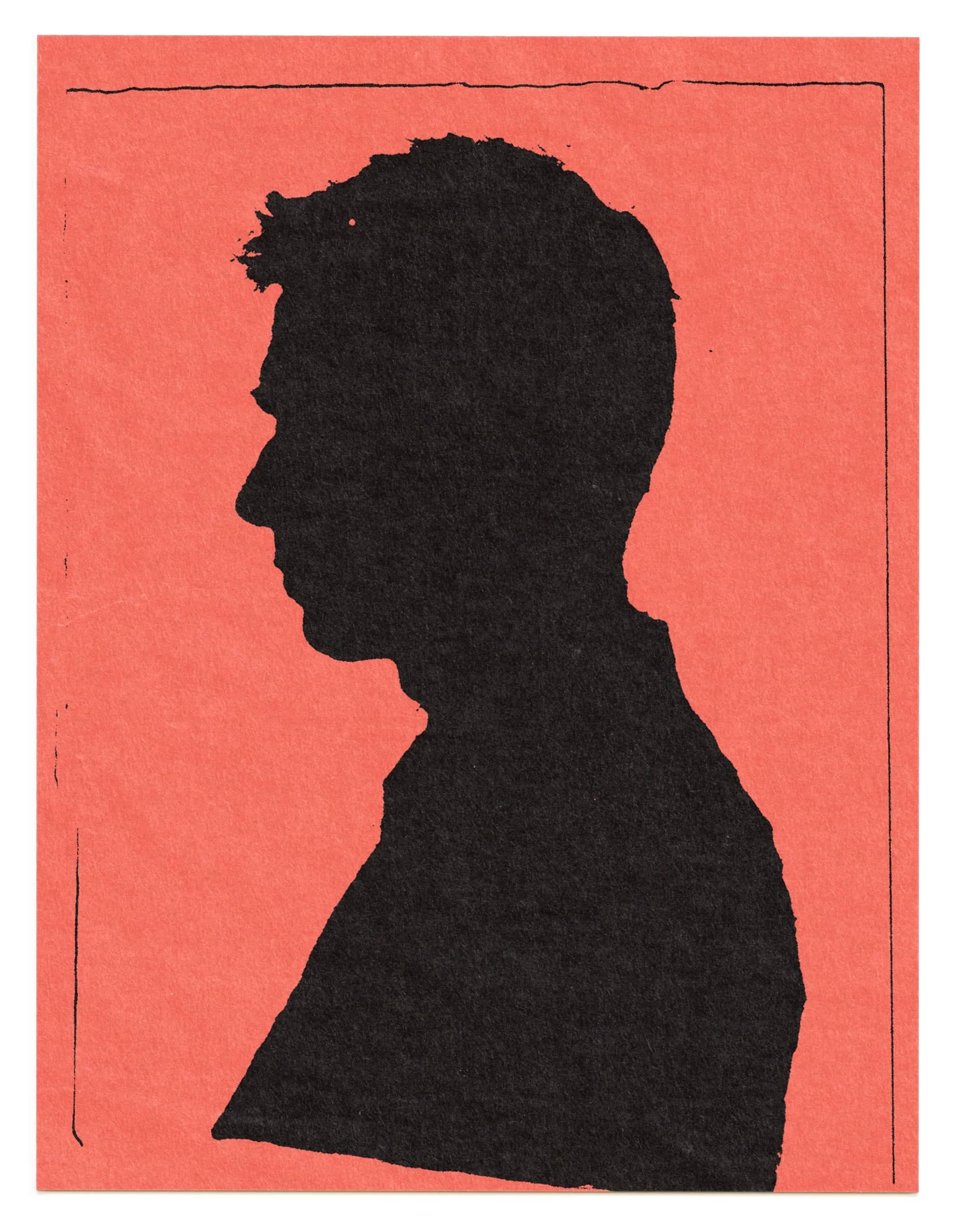 Black silhouette portrait of a man in profile against a coral-colored background.