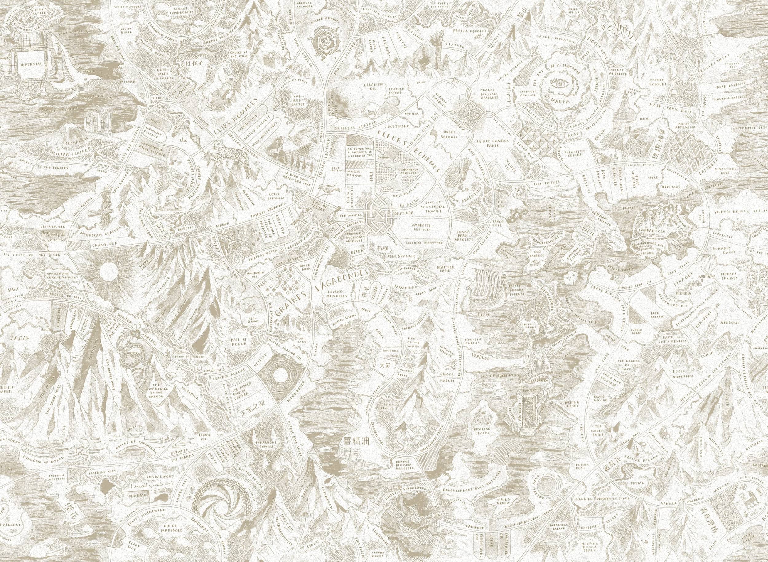 A detailed, sepia-toned illustrated map with intricate hand-drawn landscapes and labeled regions.