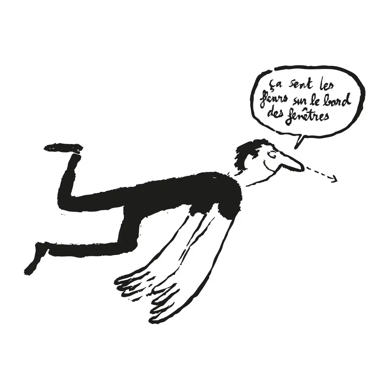 A man with an elongated nose in a black shirt and pants, smelling flowers.