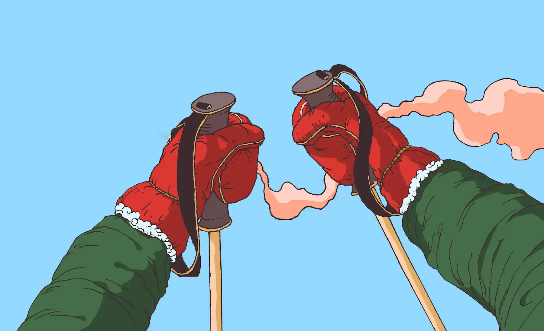 Skier’s gloved hands holding ski poles.