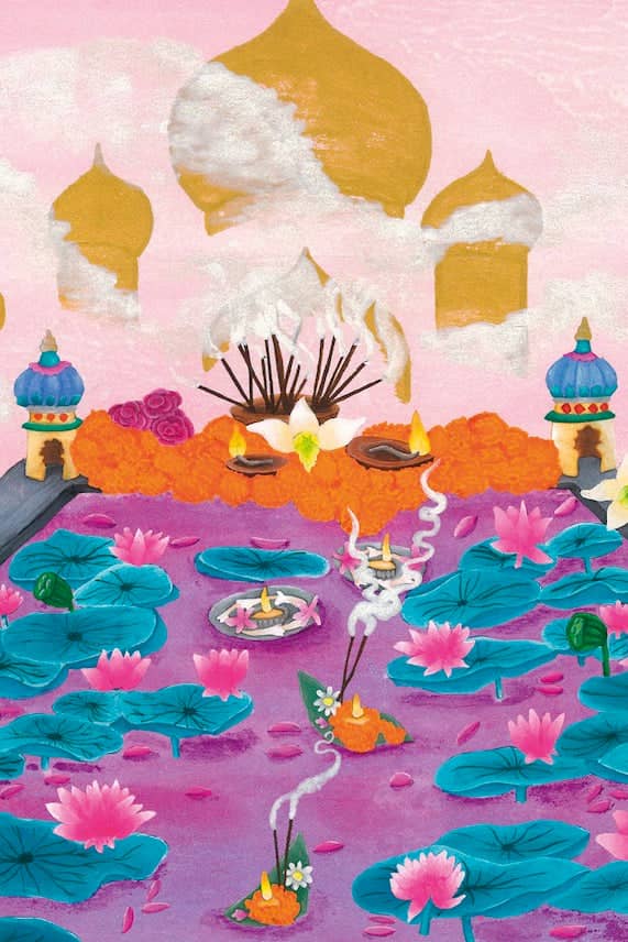 A vibrant illustration of a ceremonial scene featuring golden domed structures, pink lotus flowers on turquoise lily pads, and incense sticks emitting smoke over an orange floral arrangement.