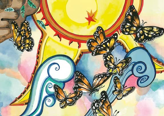 A vibrant watercolor illustration featuring numerous monarch butterflies with orange and black wings fluttering around a stylized sun.