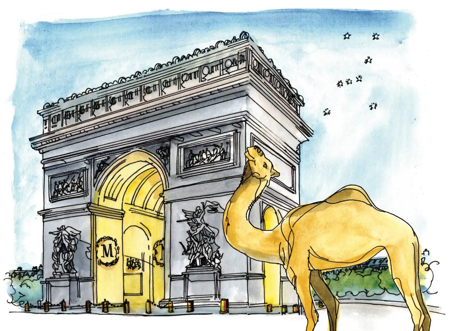 Watercolor-style Arc de Triomphe with a camel.