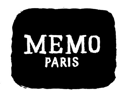 Black rectangular logo with white ’memo paris’ text in a bold, vintage-style font.