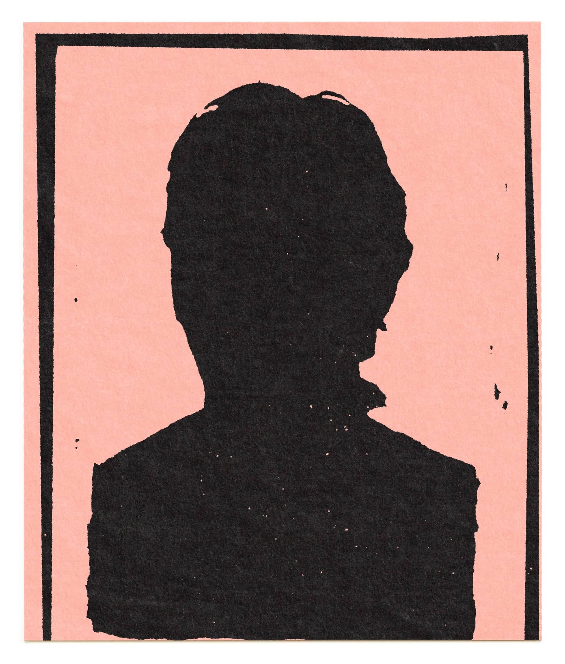 Black silhouette portrait on a pink background.
