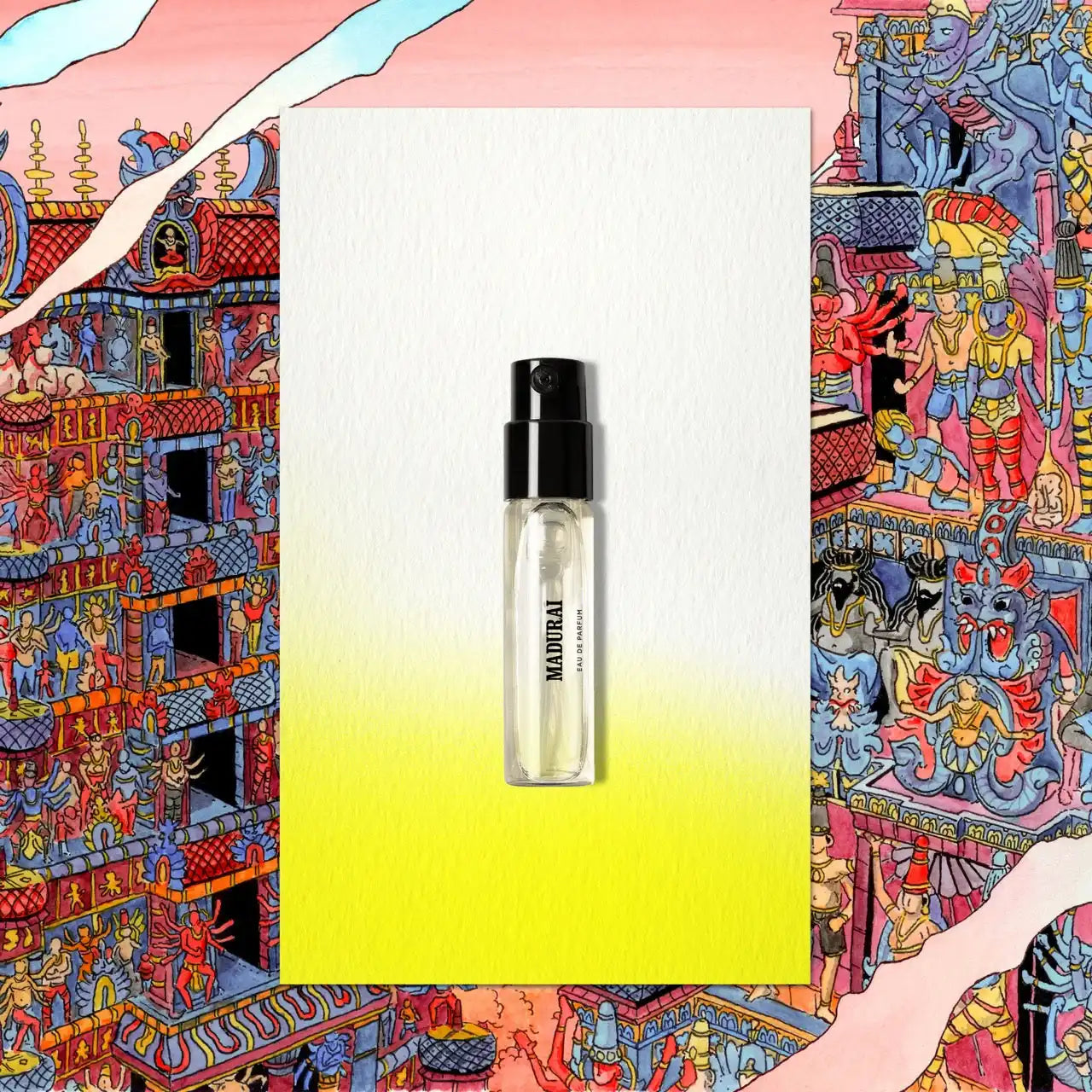 Clear perfume sample with black spray nozzle.