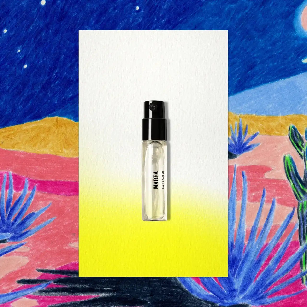 Clear perfume sample with black spray nozzle.