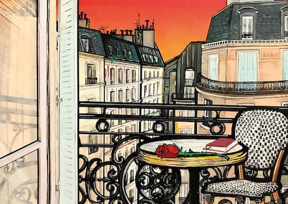 A red rose rests on a small, ornate wrought iron table beside a patterned chair.