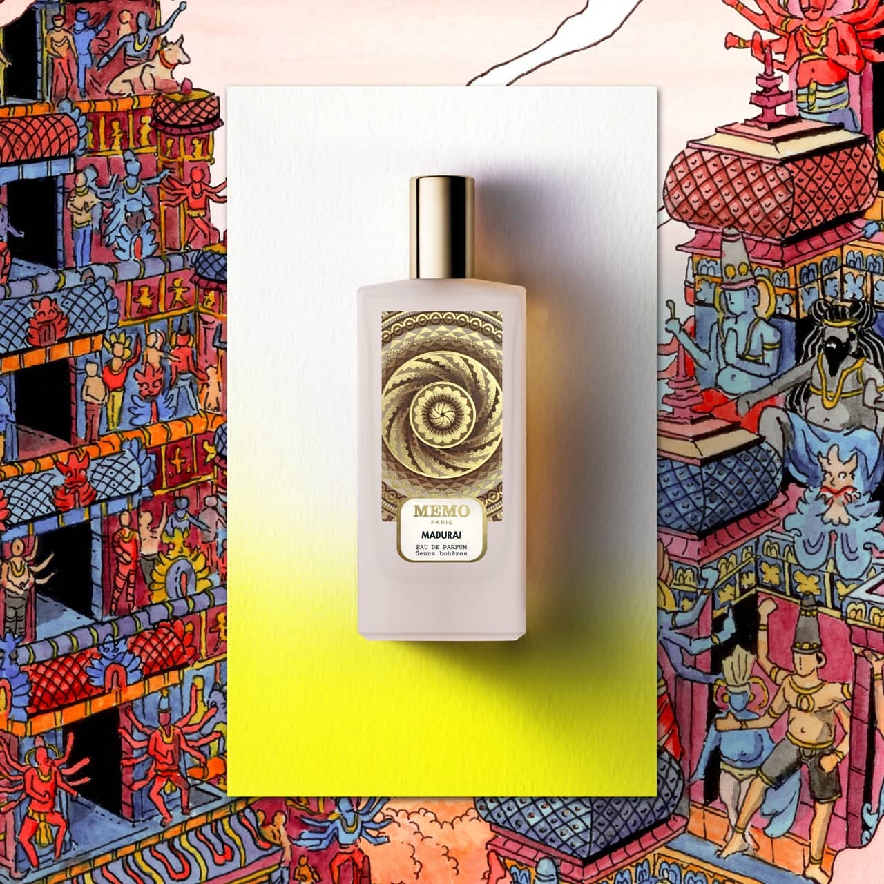 A sleek white rectangular perfume bottle with a gold cap and an intricate spiral design on its label, featuring the brand ’memo paris’ and product name ’maduram.’