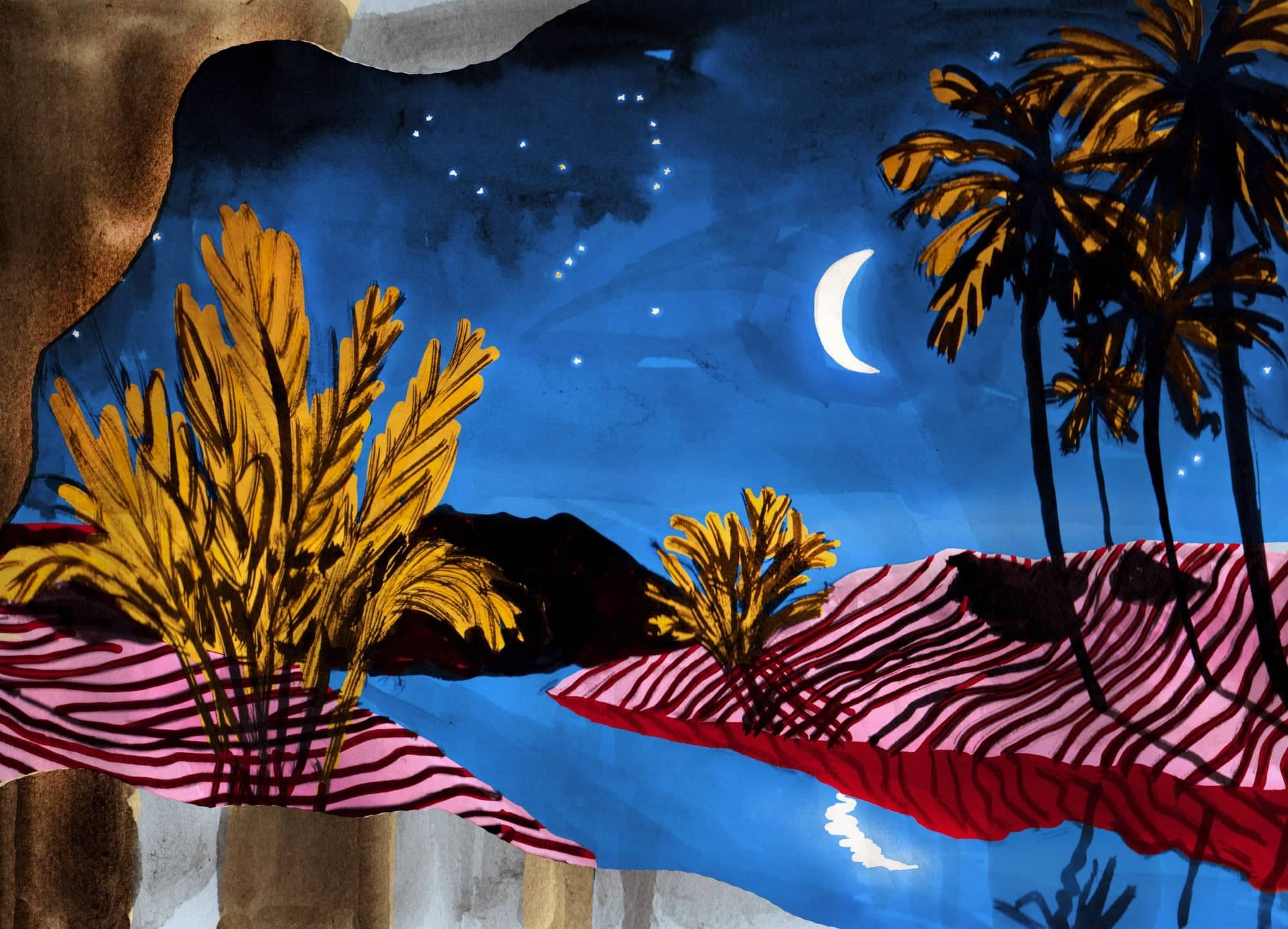 Stylized nighttime landscape painting featuring palm trees, a crescent moon, and starry sky rendered in bold blue, gold, pink, and black hues with graphic stripes.