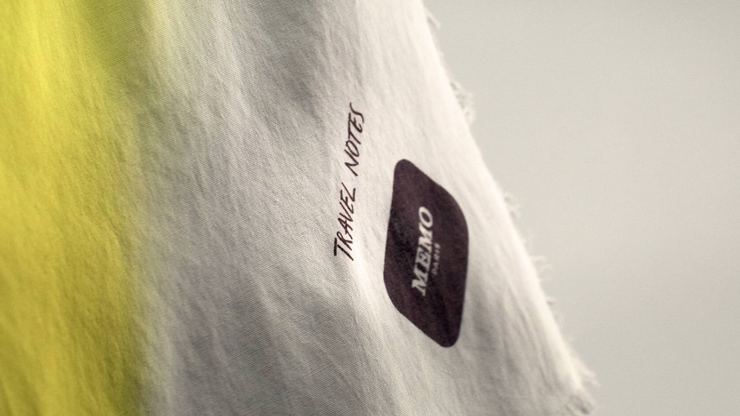 White textured fabric notebook with a black ’memo’ label and handwritten ’travel notes’ text.